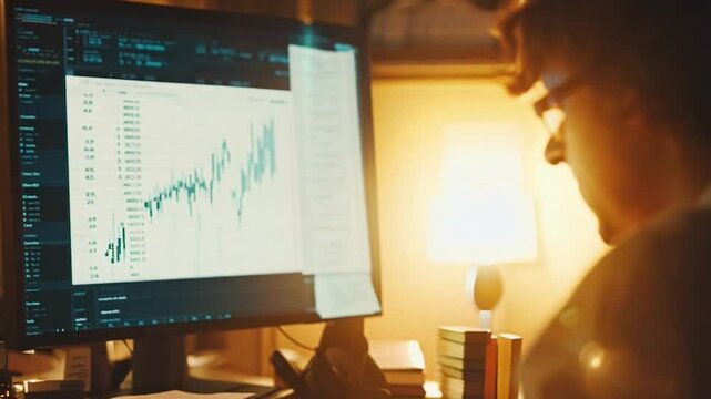 A professional analyzing financial data on multiple monitors in a dimly lit workspace. The scene emphasizes focus, technology, and the dedication required for data-driven decision-making in finance 