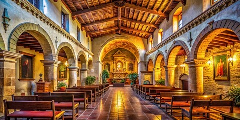 Fototapeta premium Historic Mission San Juan Capistrano Church Interior - Architectural Details & Spiritual Atmosphere