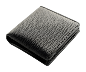 Stylish black leather wallet on high fidelity product minimalist design studio setting isolated on transparent background png