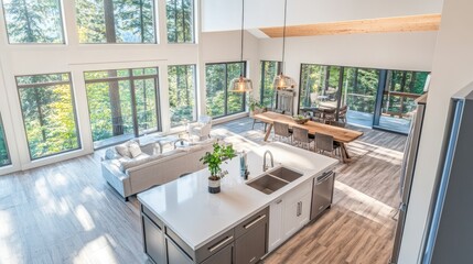 A top-down view of a luxury modern kitchen, highlighting a massive island with pristine white worktops, stainless steel appliances, and panoramic windows with forest views.