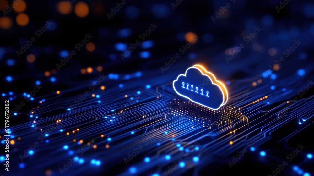 Poster a mystical cloud floating above a circuit board illuminated by bright glowing lights creating a futu