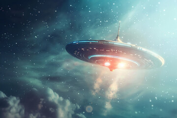 Obraz premium Iron oval UFO saucer hovering over beautiful landscape in deep dramatic sky, abstract vivid composition consists of fictional unreal fantastic vision on background