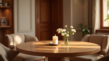 Cozy dining scene: warm, rustic wooden table with smooth surface, topped with a sleek black plate, accompanied by two earthy beige chairs