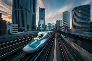 Fototapeta premium Modern big high-speed train in fast motion passes through railway stations, abstract vivid composition consists of fictional unreal fantastic vision on background