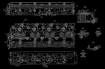 Cylinder block head of engine of cargo vehicle.
Engineering mechanical drawing of automotive
device. Industrial cad scheme on white paper sheet. 
Technology design of machine building industry.
