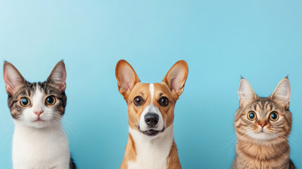 dynamic portrait of cat, dog, and another cat against blue background, showcasing their unique expressions and features