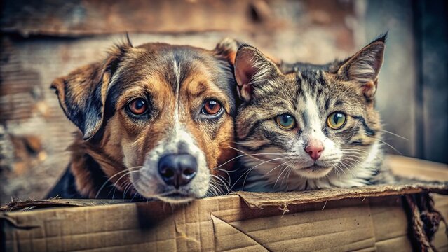 Homeless Dog and Cat Pleading for Help, Macro Close-up, Sad Eyes, Cardboard Sign