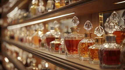 A luxury perfume shop with glass bottles of fragrances arranged neatly