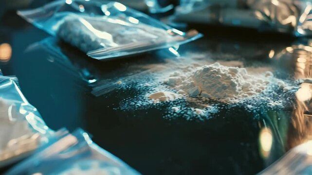 white cocaine powder and zip packages on the table