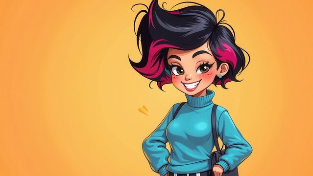 Vibrant girl with edgy pixie cut, sporting a bold blue sweater and chic accessories against a sunny yellow backdrop