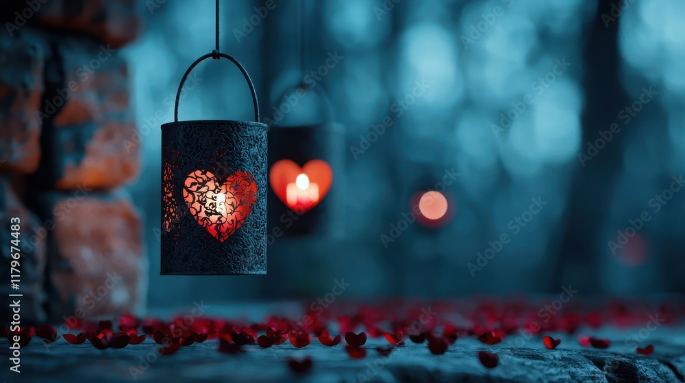 Poster romantic lanterns with heart patterns glowing in soft blue light above red petals on a stone surface