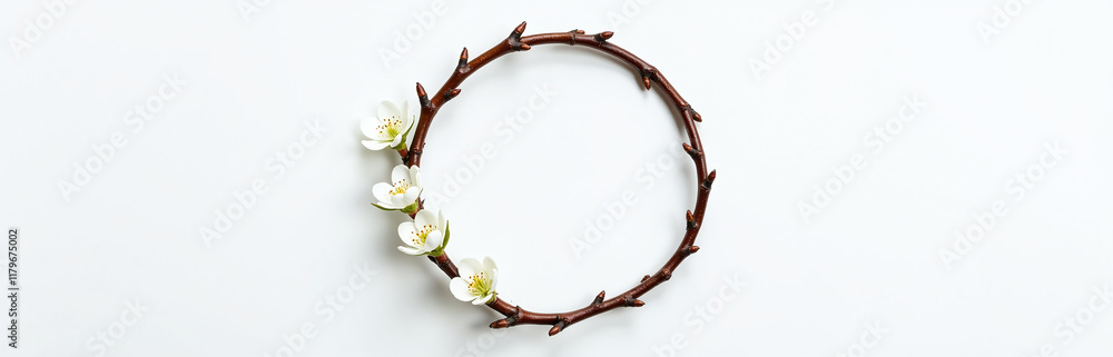 Poster A Delicate Wreath Made From A Spring Branch Is Placed In A Circular Frame On A White Background. 00001