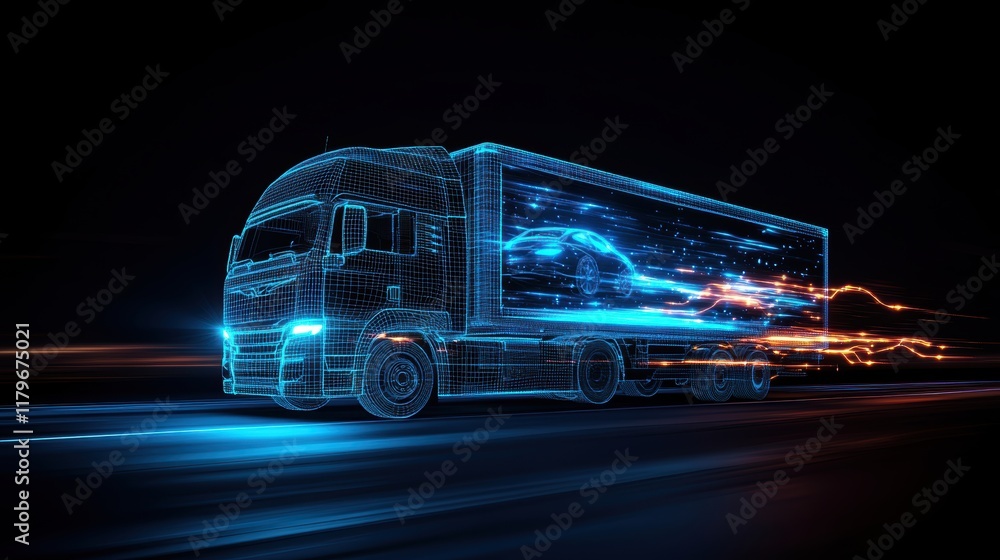 Poster dynamic truck journeying on open highway illuminated by striking blue light creating a bold and adve