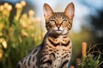 Obraz premium Portrait of a smiling savannah cat in backdrop of an idyllic countryside