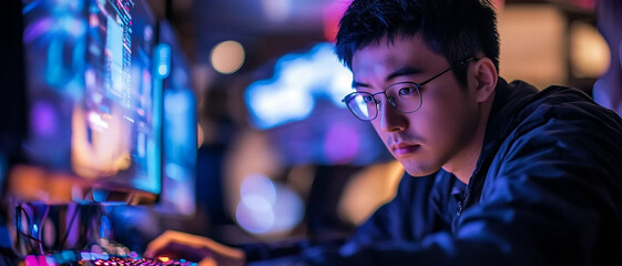 Korean man focused on computer