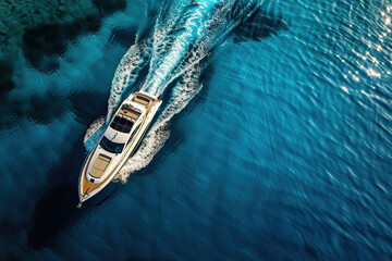 Luxury private big motor yacht in tropical sea with soft blue wave, abstract vivid composition consists of fictional unreal fantastic vision on background
