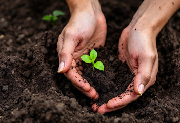 Close up of hand in soil with small sprout
