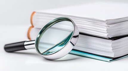 Magnifying Glass Next to Stack of Clean White Books on Surface