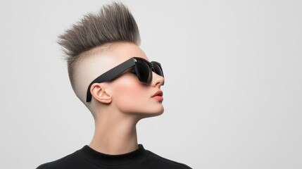 Profile of a young woman with a mohawk hairstyle wearing sunglasses against a white background.