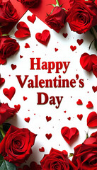 Happy Valentine's Day text on red background made of hearts and red roses - romantic holiday design