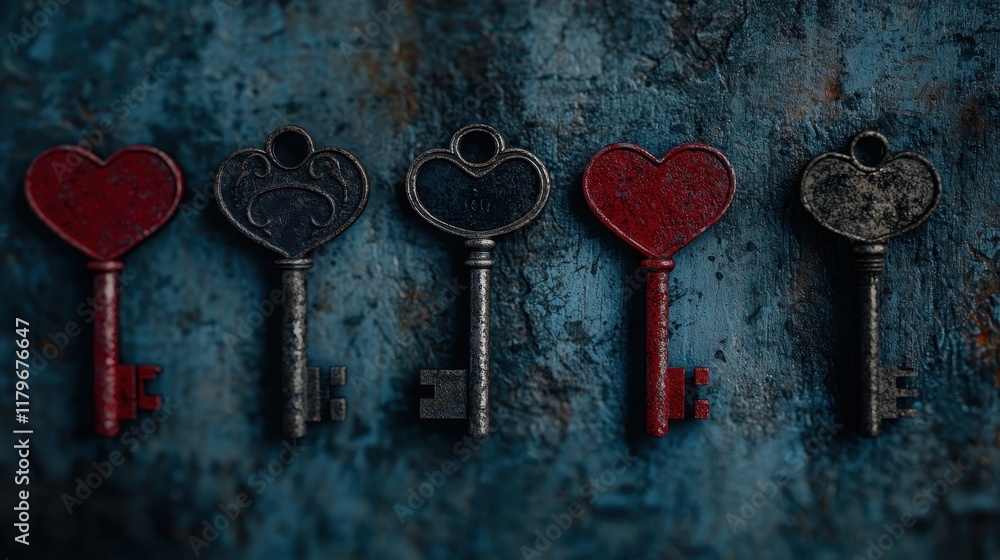 Poster vintage heart keys row on rustic blue background with textured surface for romantic themes and desig