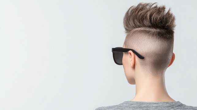 Rear view of a woman with a mohawk hairstyle and sunglasses against a white background.