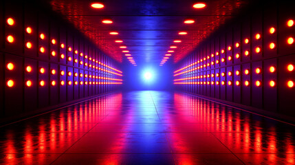 Cyberpunk Corridor: Red and Blue Neon Lights Reflecting on a Dark, Shiny Floor