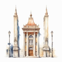 Watercolor illustration with high-rise antique building and people on the square.