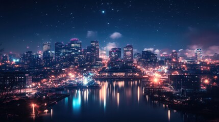 Obraz premium City Lights Reflections Under a Starry Night Sky Urban Landscape