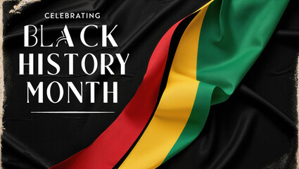Vibrant Black History Month design, flowing African pride flag on black background, powerful message with dynamic typography, cultural tribute, website banner with ample copy space, AI