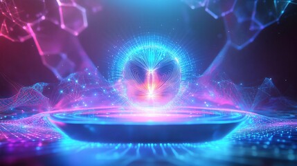 Obraz premium Vibrant Glowing Orb Hovers Mysteriously Above Futuristic Platform: Digital Illustration, Abstract Style. AI Generated