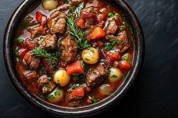 rustic comfort food hearty beef stew with red wine sauce photographed from above in cast iron pot