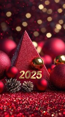 Festive 2025 New Year s Celebration Red Glitter Ornaments Pyramid