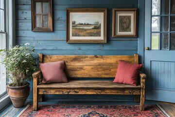 rustic farmhouse entryway vintage wooden bench with decorative frames creating cozy country home atmosphere
