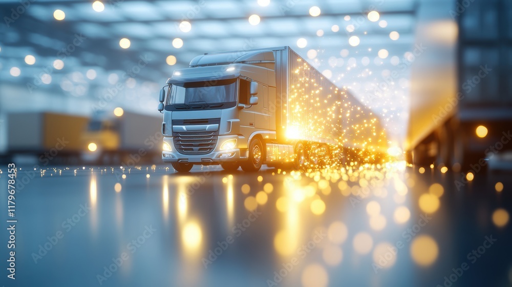 Poster powerful truck navigating open highway at dusk with illuminated sides creating a dynamic and adventu
