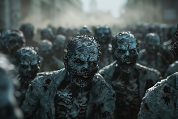 Scary sinister zombie wandering in street with dramatic lighting on Halloween, abstract vivid composition consists of fictional unreal fantastic vision on background