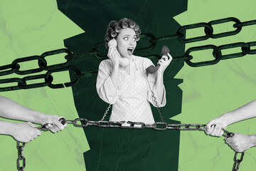 Contemporary poster trend art collage of shocked girl housemaid speak telephone handset multitask...