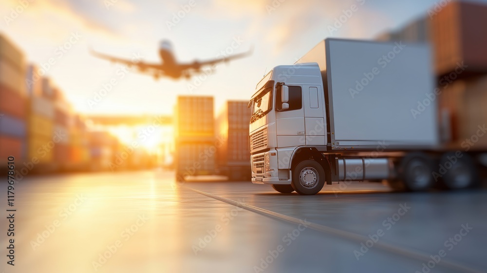 Poster dynamic scene of truck driving on open road with airplane in background under clear blue sky creatin