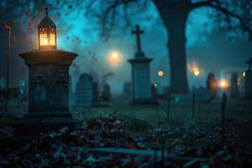 Fototapeta premium Fantastically mysterious cemetery with tombstones and terribly scary atmosphere, abstract vivid composition consists of fictional unreal fantastic vision on background