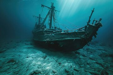 Obraz premium Underwater view of an old sunken ship on seabed with fish swimming around, abstract vivid composition consists of fictional unreal fantastic vision on background