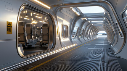 An airportâs jet bridge connected to a passenger plane, with detailed textures of the metallic walkway, bright yellow safety markings, and a peek into the cabin through the open do