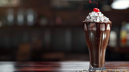 A deliciously thick chocolate milkshake served in a tall glass, adorned with a cloud of whipped cream and a cherry on top for a delightful treat