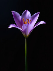 Fototapeta premium A Delicate Purple Lily Blooms In Isolation Against A Deep Black Background, Its Petals Shining Softly Like A Jewel. 00002