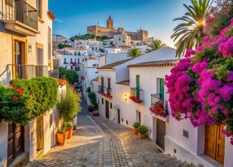 Naklejka premium Ibiza Town, Spain: Whitewashed Houses and Narrow Streets, Balearic Islands Architecture