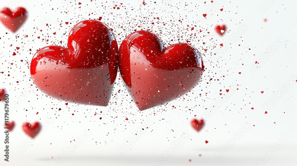 Poster two shiny red hearts surrounded by floating hearts and sparkles on a light background