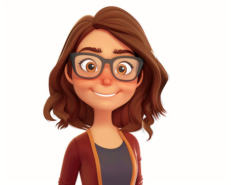 Cartoon Style Illustration of a Smiling Woman with Glasses, Perfect for Character Design and Profile Avatars