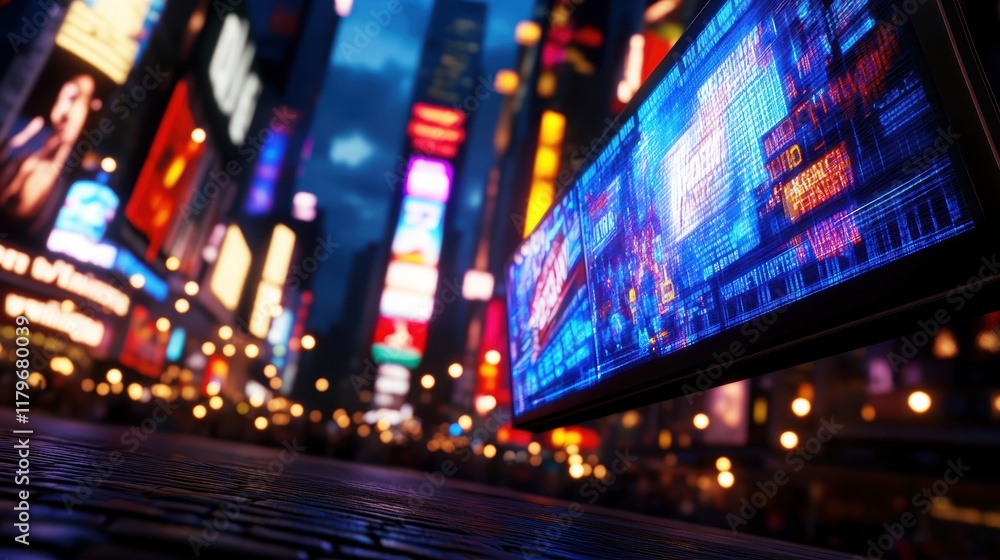 Poster vibrant computer screen displaying dynamic cityscape background at night with illuminated buildings 