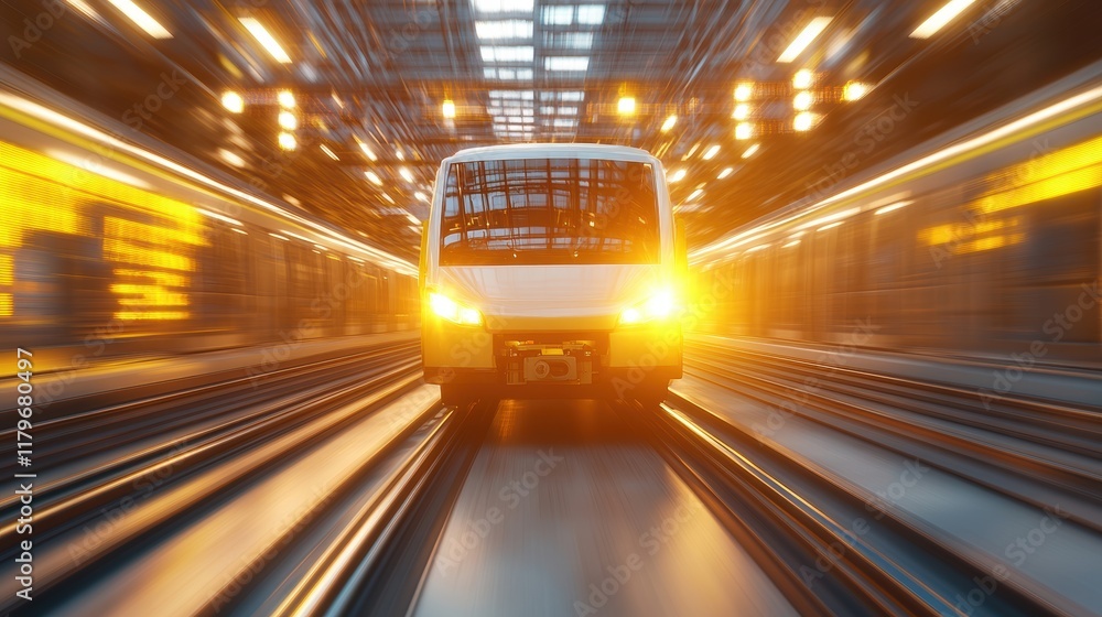 Poster dynamic scene of a train speeding through a dark tunnel with motion blur creating an energetic and p