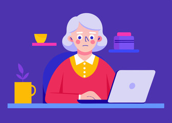 Elderly Woman with Blue Hair and Concerned Expression &ndash; Character Illustration with Details