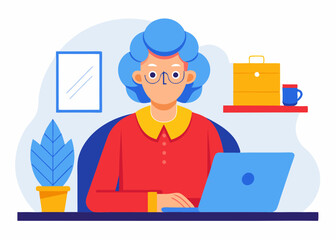 Elderly Woman with Blue Hair and Concerned Expression – Character Illustration with Details